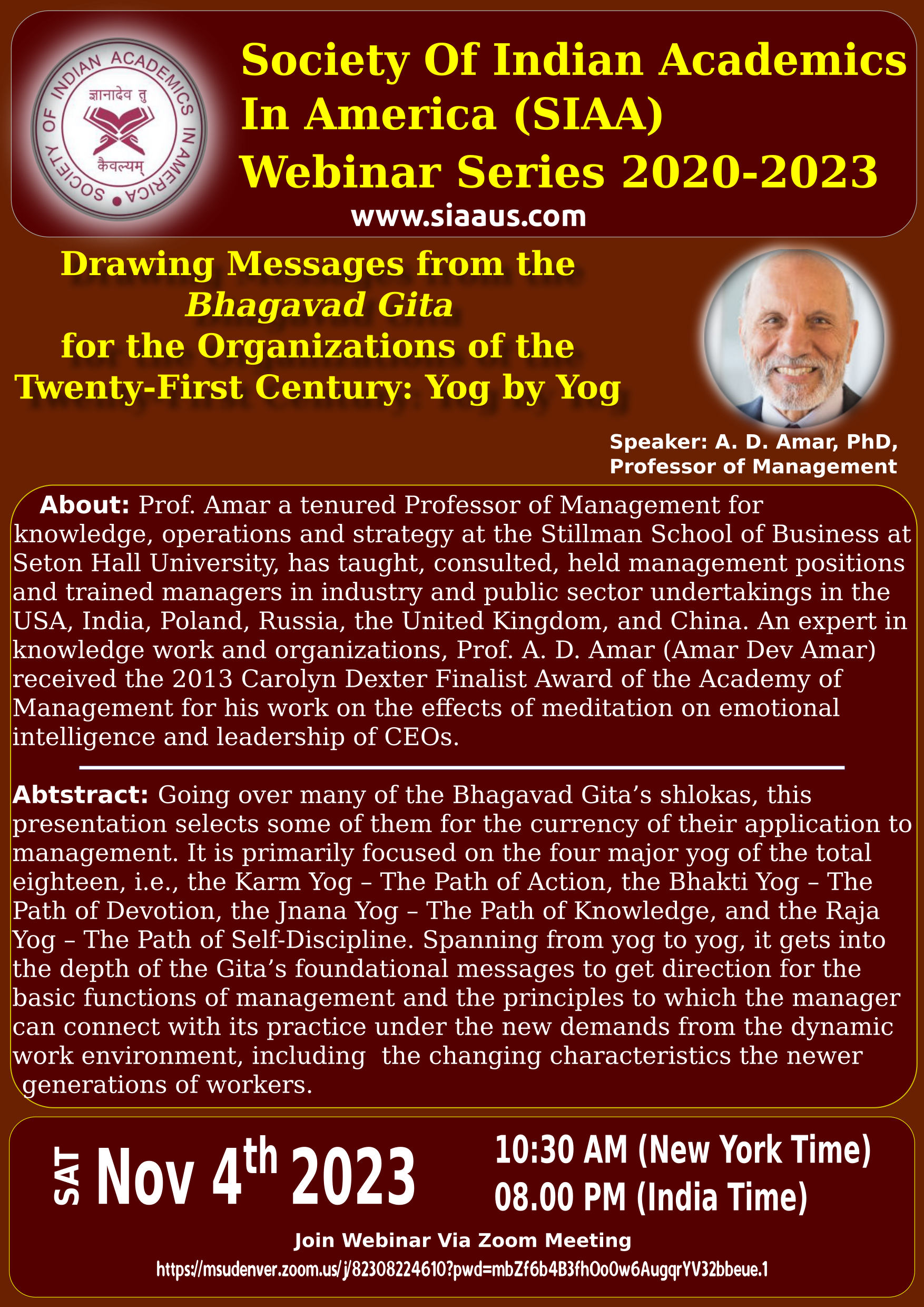 Poster Webinar 4th Nov 2023 - Prof A D Amar - Drawing Messages from the Bhagavad Gita 