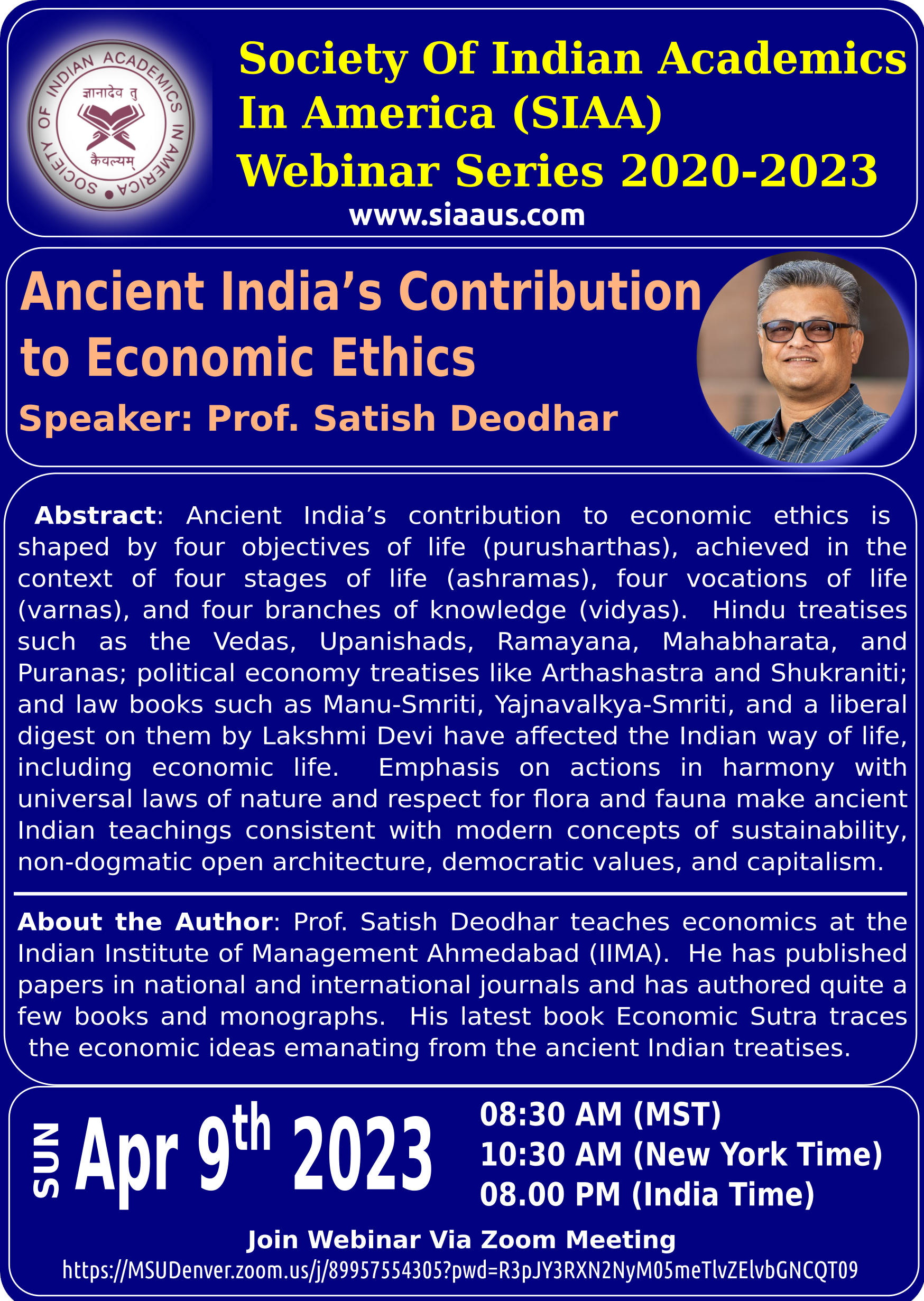 Webinar Poster 9th Apr 2023 - Ancient India’s Contribution to Economic Ethics - Speaker: Prof. Satish Deodhar